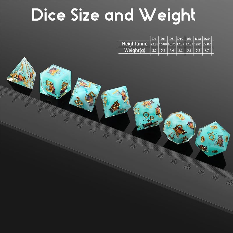 DNDND Owl Aqua Blue Translucent Resin Dice Set - 7-Piece Sharp Edge RPG Dice for D&D with Stickers, Handcrafted Premium Metal Case Gift - Image 5